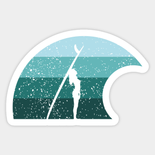 Retro Surfer Girl Wave Blue Sticker